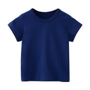 Kids Cotton Short Sleeve T-Shirt Youth Soft Tee Crewneck T Shirts for Boys and Girls Solid Color Tops Size 1-12 Years Dark Blue 3-4Years